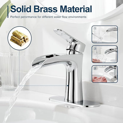 VOTON Chrome Bathroom Faucets Single Handle Waterfall Sink Faucet One Hole or Three Holes with Deck Mount Vanity Farmhouse RV Vessel Basin Faucet