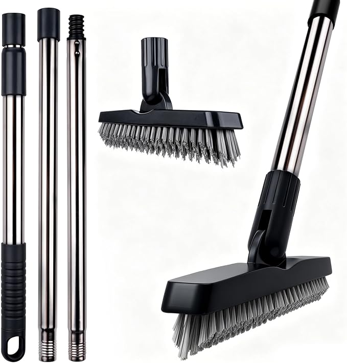 2 Pack Grout Brush with Long Handle, Swivel Cleaning Grout Line Scrubber - Extendable Durable Handle Grout Cleaner Brush for Bathroom,Tile,Baseboard,Walk in Shower,Corner & Narrow Space (Black)