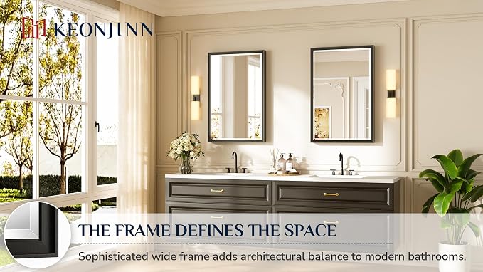 Keonjinn 24" x 36" Black Framed Bathroom Mirrors, Aluminum Alloy Frame | Tempered Glass with Beveled Edge, French Cleat, Lightweight, Rectangular Wall Mirror for Over Sink, Hallway, Entryway Decor