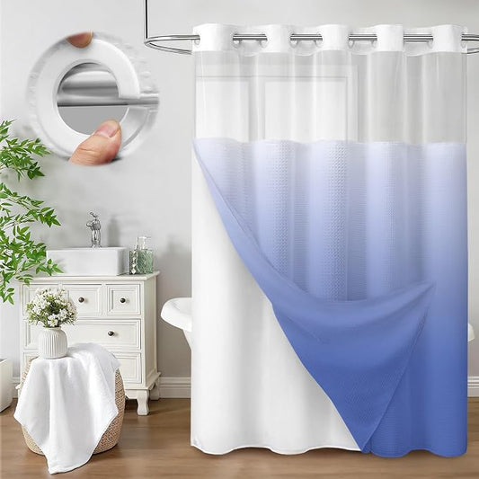 No Hook Shower Curtain with Liner Hotel Waffle Ombre Light Blue 72W X 75L | Washable Snap in Fabric Liner, Mesh Top Window, Waffle Hotel Style Shower Curtain Set