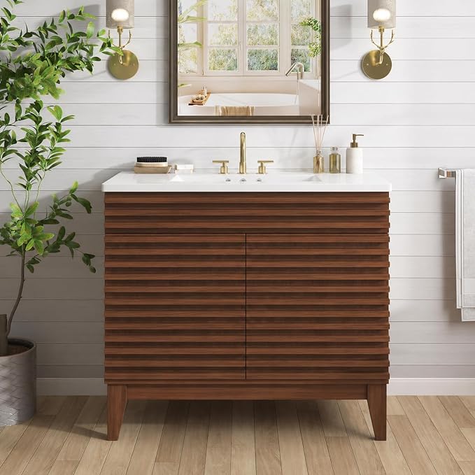 36 Inch Bathroom Vanity with Sink, Walnut Fluted Freestanding Bathroom Vanity Cabinet with Ceramic Sink Top, Solid Wood Legs, Soft Close Double Doors and Modern Storage Cabinet