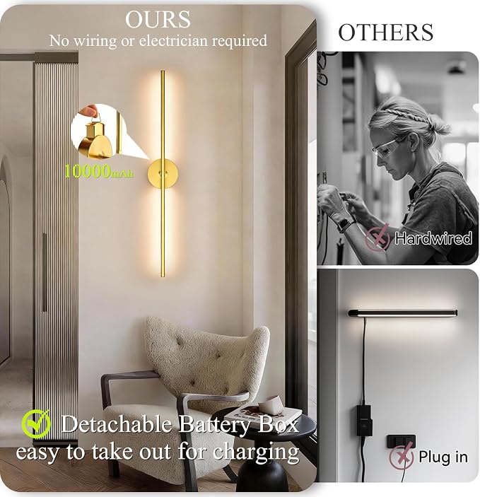 Battery Operated Wall Sconce Set of Two: Gold Wireless Rechargeable Wall Light with 10000mAh Detachable Battery and Remote, 360° Rotatable Scone Wall Decor for Bedroom Hallway Bathroom, 31.5inch