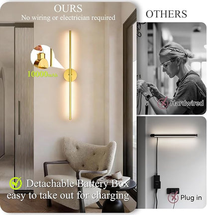 Battery Operated Wall Sconce Set of Two: Gold Wireless Rechargeable Wall Light with 10000mAh Detachable Battery and Remote, 360° Rotatable Scone Wall Decor for Bedroom Hallway Bathroom, 31.5inch