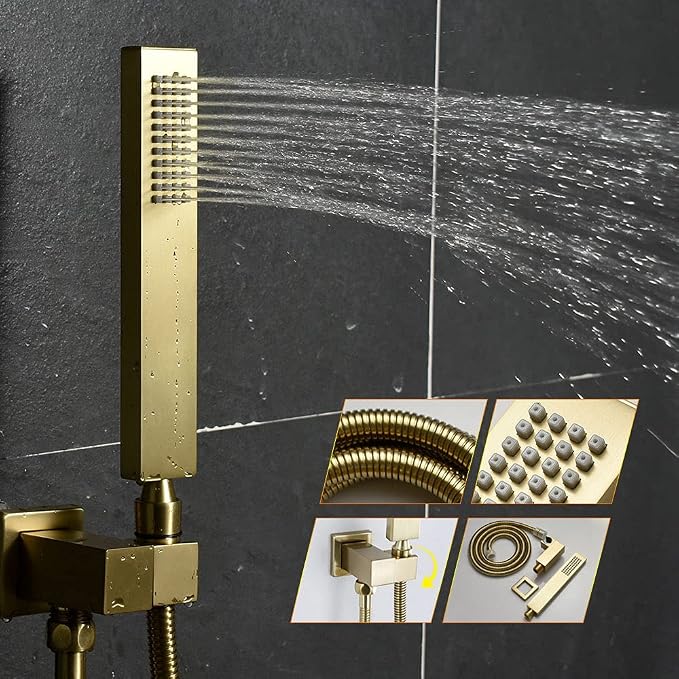 Brushed Gold Shower System AYIVG Temperature Display Thermostatic Shower System Ceiling Mount 12 Inch LED Rain Shower Head System with 6 Body Jets and Handheld Bathroom Shower Faucet Set
