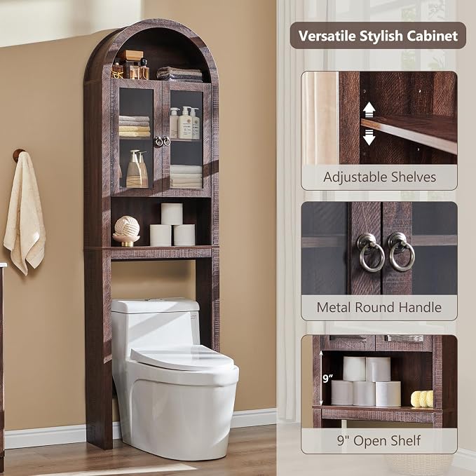 IFGET Arched Over The Toilet Storage Cabinet with Acrylic Doors, Modern Over Toilet Bathroom Organizer Shelf, Small Wooden Bathroom Storage Cabinet with Adjustable Shelf, Space Saver, Dark Walnut