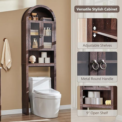 IFGET Arched Over The Toilet Storage Cabinet with Acrylic Doors, Modern Over Toilet Bathroom Organizer Shelf, Small Wooden Bathroom Storage Cabinet with Adjustable Shelf, Space Saver, Dark Walnut