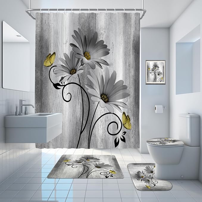 Onalasyc 4PCS Grey Daisy Floral Bathroom Sets with Shower Curtain and Rugs | Country Floral Butterfly Shower Curtain Set,Modern Bathroom Decor Shower Curtains Set with Rugs Toilet Lid Cover and 12 Hooks