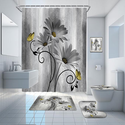 Onalasyc 4PCS Grey Daisy Floral Bathroom Sets with Shower Curtain and Rugs | Country Floral Butterfly Shower Curtain Set,Modern Bathroom Decor Shower Curtains Set with Rugs Toilet Lid Cover and 12 Hooks