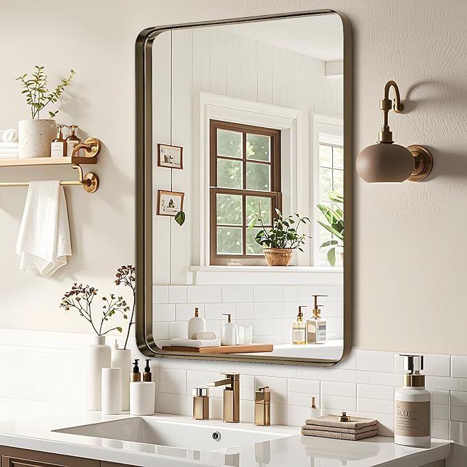 Fabuday Bathroom Mirror 36x24 Inch, Bronze Frame Rectangle Wall Mirror Over Sink - Rustic Vanity Mirror for Modern Farmhouse Decor, Heavy-Duty Hooks Included, Horizontal or Vertical Hanging