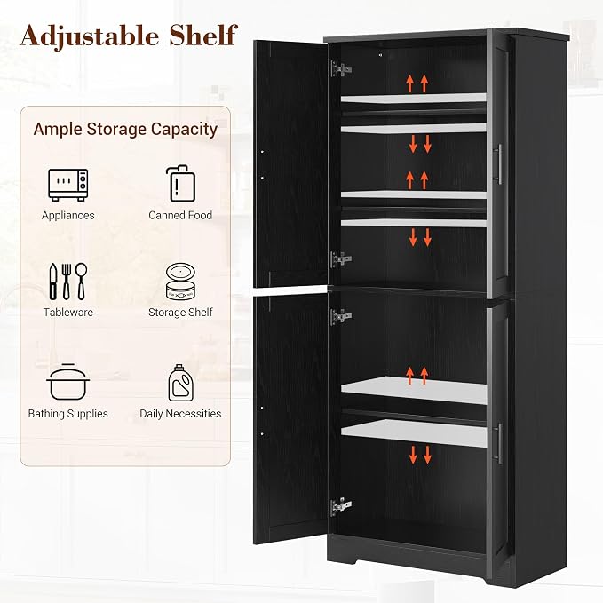 Garvee Kitchen Pantry Cabinet, 70 Inch Tall Storage Cabinet | with Doors and Adjustable Shelves, Freestanding Wooden Classic Cupboard for Living Room, Dining Room, Bathroom
