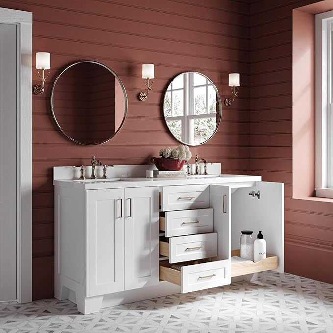 ARIEL Taylor 66-inch Bathroom Vanity with Sink,Solid Wood, 1.5-inch Pure White Quartz Countertop & Backsplash, Double Oval Porcelain Sink, 4 Soft Closing Doors, 5 Dovetail Drawers, Satin Brass, White