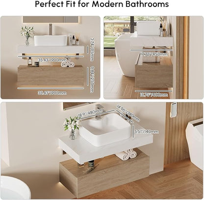 homary 35'' Floating Bathroom Vanity with Sintered Stone Countertop, Wall-Mounted Bathroom Cabinet with Ceramic Sink & Drawer Storage, Waterproof Modern Single Vanity, Natural