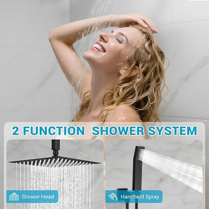10" Square Ceiling Rain Shower Faucet Set,Matte Black | Anti-scald cartridge, air tech boosts pressure 30%, dual spray, NPT 1/2