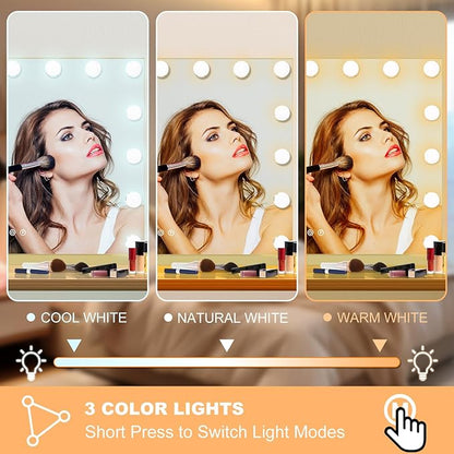 Moonee Gold Vanity Mirror with Lights, Hollywood Lighted Makeup Mirror with 15 Dimmable Bulbs and 10X Magnification, 3 Colors Modes, Aluminum Metal Frame, Light Up Mirror for Tabletop/Wall（23" x 18"）