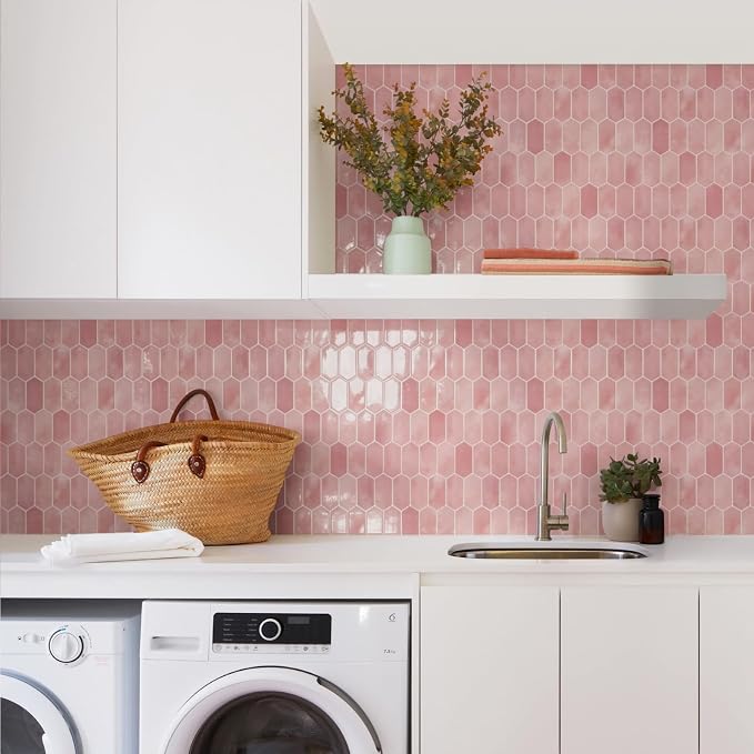 Vamos Tile Thicker Design Long Hexagon Peel and Stick Backsplash Tile | 10-Sheet Pink with Pink Grout Self Adhesive Wall Tiles Stick On Backsplash for Kitchen Bathroom RV Fireplace