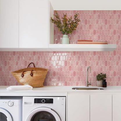 Vamos Tile Thicker Design Long Hexagon Peel and Stick Backsplash Tile | 10-Sheet Pink with Pink Grout Self Adhesive Wall Tiles Stick On Backsplash for Kitchen Bathroom RV Fireplace