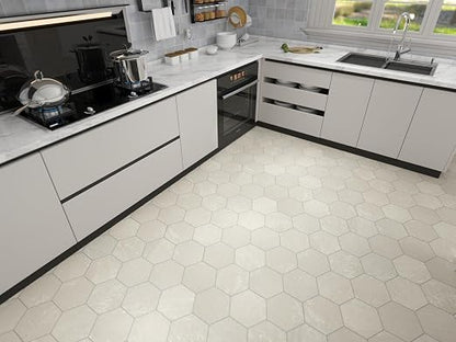 W&S 24-Sheets Beige Hexagon Peel and Stick Floor Tile, Faux Stone Peel and Stick Backsplash for Kitchen, Self Adhesive Luxury Flooring Tile DIY for Bathroom, Living Room, RV