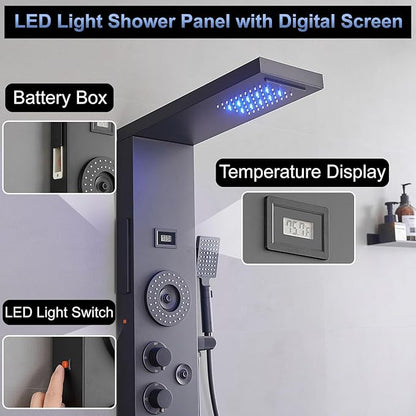 Shower Panel LED Rainfall Waterfall Shower Head Light Bathroom Shower Panel Tower System Rain Massage 6-Functions with Handheld Shower Tub Spout Body Jet Temperature Display Wall Mount