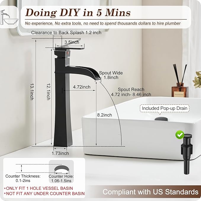 Vessel Sink Faucet Black, 12 Inch Waterfall Tall Bathroom Faucet One Hole with Pop-Up Drain & Pre-Installed Hoses, Single Handle for Bathroom Sink Bowl Deck Mount, Modern, Brass Material