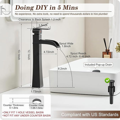 Vessel Sink Faucet Black, 12 Inch Waterfall Tall Bathroom Faucet One Hole with Pop-Up Drain & Pre-Installed Hoses, Single Handle for Bathroom Sink Bowl Deck Mount, Modern, Brass Material
