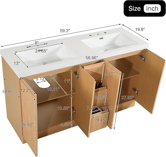 60 Inch Double Bathroom Vanity with Double Sinks, Soft Closing Doors and Drawers, Solid Wood Frame & MDF Modern Fluted Bathroom Sink Cabinet, Freestanding,Natural Wood