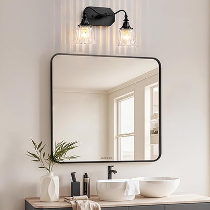 Bathroom Vanity Light Fixture, 2 Lights Bathroom Lighting Matte Antique Brass Finish with Crystal Glass Shade, Vintage Vanity Light for Bathrooms