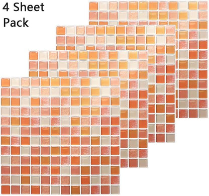 3D Mosaic Tile Sticker Removable Wallpaper Tile Orange, 3D Self Adhesive Wall Tiles Bathroom Wall Tiles for Kitchen Backsplash Orange, PVC Square Decorative Vinyl Decals, 4 Sheets