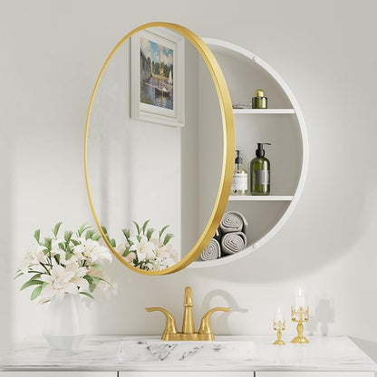 Keonjinn 26 x 26 Round Medicine Cabinets for Bathroom, Gold Surface Mount Metal Framed Medicine Cabinet with Mirror, Modern Medicine Cabinet Wall Mount Only, Farmhouse Mirrored Cabinet with Storage