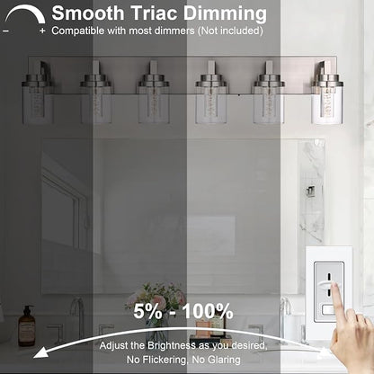 MELUCEE 6-Light LED Bathroom Light Fixtures Brushed Nickel 3000K-6000K | Dimmable Bubble Crystal Vanity Lights with Clear Glass, 5CCT Wall Sconce Lamp for Bathroom Restroom, Built-In Led Chips
