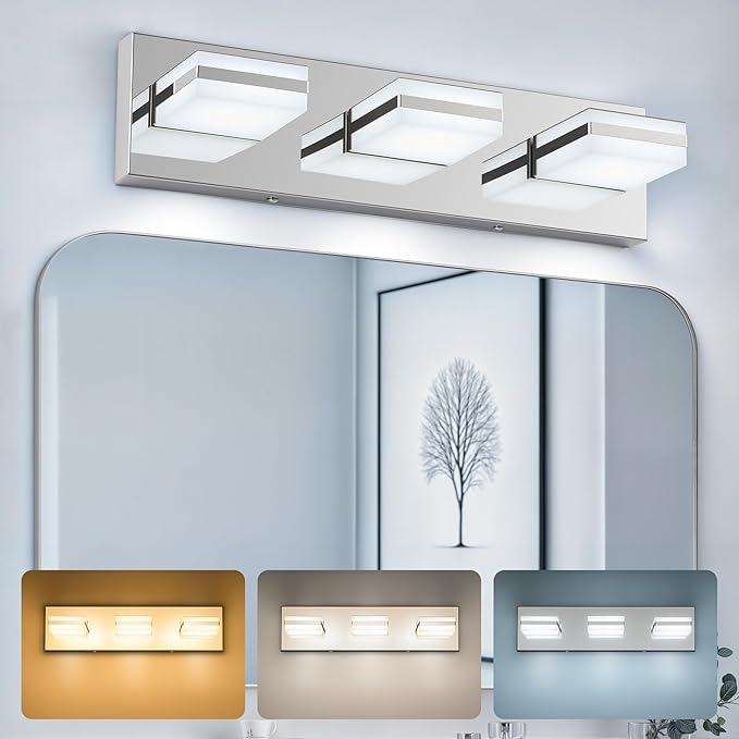 VONLUCE LED Modern Bathroom Vanity Light Fixture, Chrome | 18'', 3-Light, 3CCT, 360° Rotate, High CRI, Flicker-free, Dimmable, Memory Function, Waterproof IP44, Easy Installation