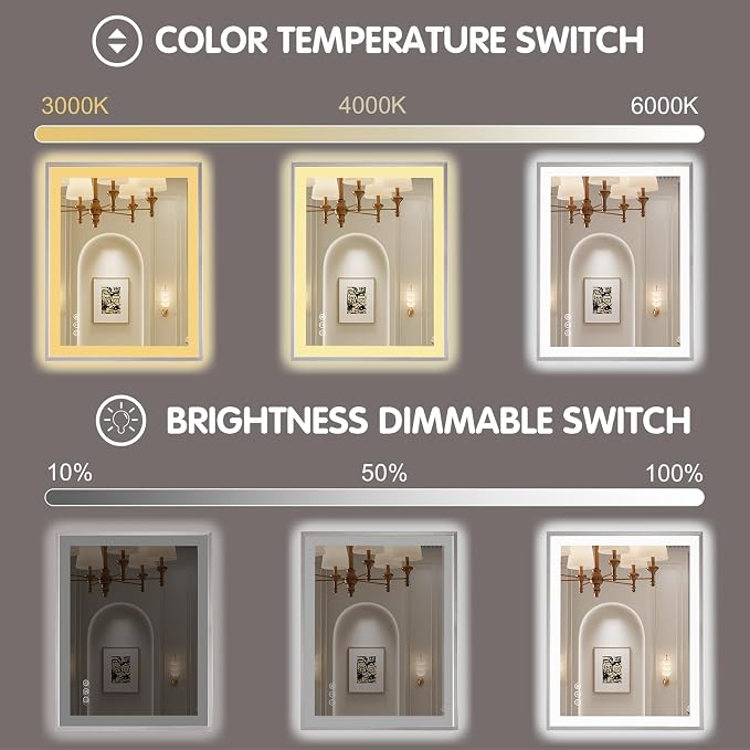 30x36 Inch Silver Frame LED Mirror for Bathroom | Silver Metal Frame, Front and Backlit, 3 Colors, Dimmable, Memory, Anti Fog, Tempered Glass, Lighted Mirror for Wall