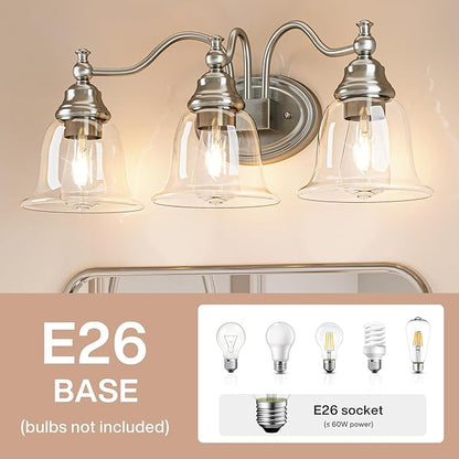 Tribesigns 3-Light Bathroom Light Fixtures, Modern Vanity Light with Clear Glass Shade, Bathroom Wall Lamp for Mirror Living Room Kitchen Hallway Porch, E26 Base, Bulbs Not Included (Silver)