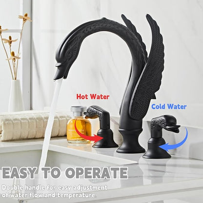Golden Black Ornate Swan Style Bathroom Sink Faucet Combo Deck Mount Sink Mixer Tap Set Hot Cold Water