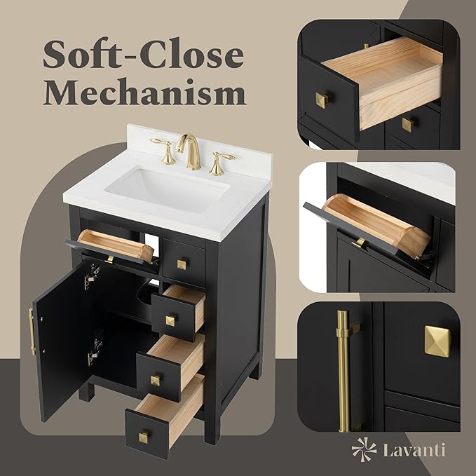 Lavanti Oakford 24 Inch Bathroom Vanity with Sink – Stylish Black Vanity Bathroom with Storage Cabinet – Modern Bathroom Vanities with Single Vanity Sink & Quartz Countertop