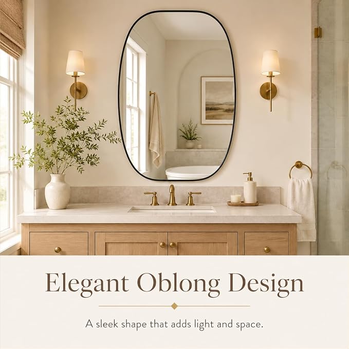 Black Oval Bathroom Mirror 30x40 Inch | Oblong Vanity Mirror, Crystal-Clear HD Glass, Rust-Proof Aluminum Frame, Elegant Inner-Curved Edge, Modern Contemporary Style