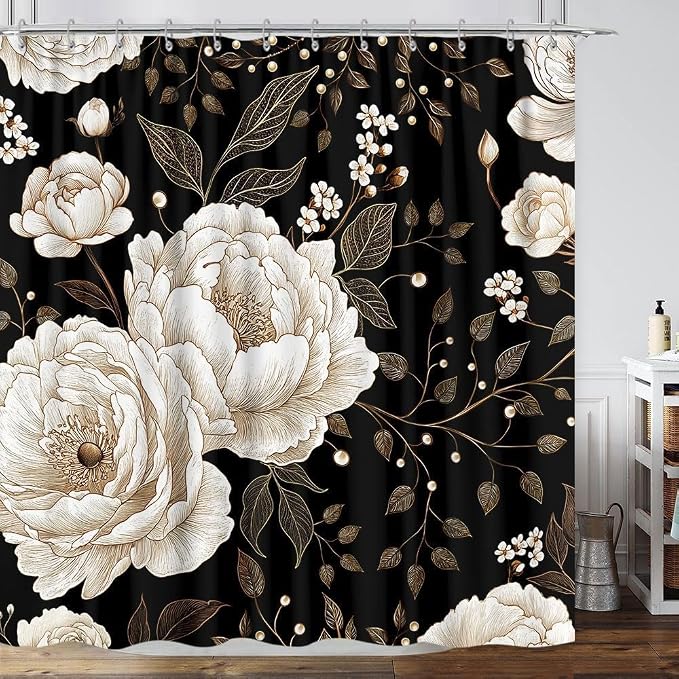 Black and Gold Shower Curtain, Dark Roses Leaves Botanical Aesthetic Boho Floral Shower Curtain for Bathroom with Hook, Vintage Rose Gold Flowers Fabric Unique Chic Shower Curtain Set with Hooks 72X78