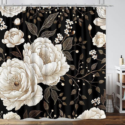 Black and Gold Shower Curtain, Dark Roses Leaves Botanical Aesthetic Boho Floral Shower Curtain for Bathroom with Hook, Vintage Rose Gold Flowers Fabric Unique Chic Shower Curtain Set with Hooks 72X78