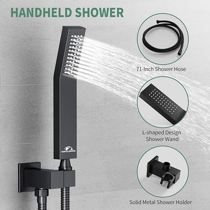 SunCleanse Rainfall Shower Faucet Set with High Pressure in Matte Black | Ceiling mounted shower combo set featuring a 10" rainfall shower head, handheld spray, and rough-in shower valve.
