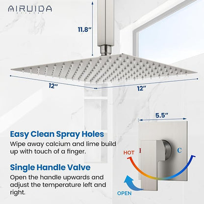 Airuida 12 Inch Brushed Nickel Shower Faucet Set,Rainfall Shower System | Ceiling Shower Head,Male Thread Rough-in Valve,Ceiling Mount,Single Handle