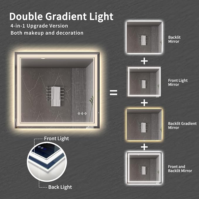 Bathroom Mirrors for Wall, 40x36 Inch Gradient Front and Backlight Lighted Mirror, 3 Colors Dimmable CRI>90 Double Lights, IP54 Enhanced Anti-Fog, Hanging Plates Wall Mount Smart Mirror