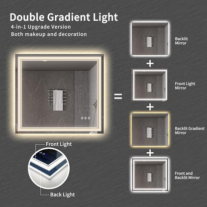 Bathroom Mirrors for Wall, 40x36 Inch Gradient Front and Backlight Lighted Mirror, 3 Colors Dimmable CRI>90 Double Lights, IP54 Enhanced Anti-Fog, Hanging Plates Wall Mount Smart Mirror