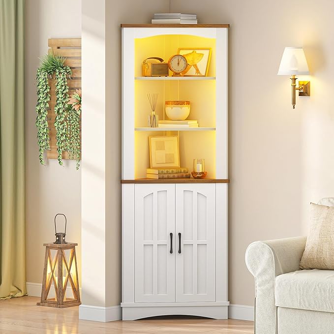 HOOBRO Corner Cabinet with LED Lights, 67" Tall Farmhouse Corner Storage Cabinet with Doors and Storage Shelves, 5-Tier Corner Bathroom Cabinet, for Living Room, Kitchen, White and Walnut WH74DCJ01