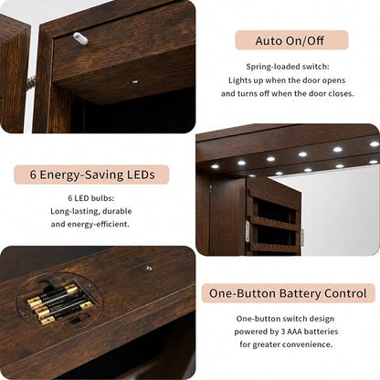 Over the Door Jewelry Organizer, Wall Mounted Jewelry Cabinet, Hanging Mirror with Storage Box, Wall/Door Mounted Full Length Mirror with LED