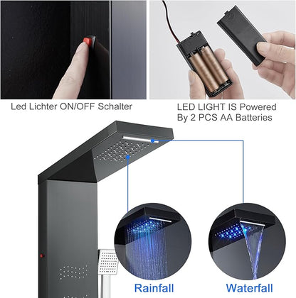 Stainless Steel Shower Panel Tower System with LED Lights, 5 in 1 Shower Panel with Rainfall Waterfall Shower Head, Body Spray, Handheld Shower, Tub Spout (Black)