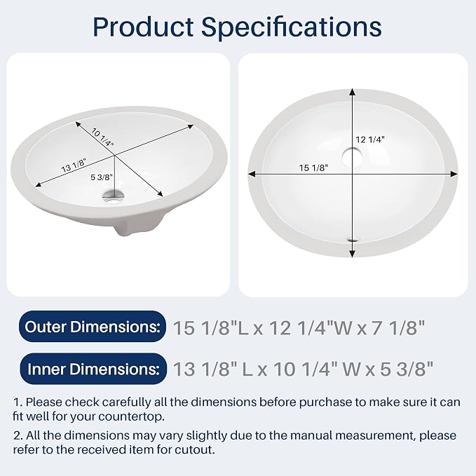 Enbol 13x10 inch Undermount Bathroom Sink - Oval Bathroom Sink White Ceramic Vessel Lavatory Basin with Overflow, Countertop Vanity Sink ECU1310