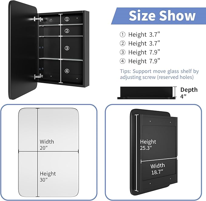 Bathroom Wood Black Cabinet with 20''x30'' Curved Mirror, Recessed Medicine Cabinet, Bathroom Storage Cabinet