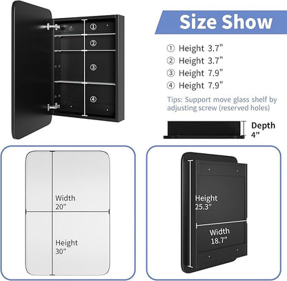 Bathroom Wood Black Cabinet with 20''x30'' Curved Mirror, Recessed Medicine Cabinet, Bathroom Storage Cabinet