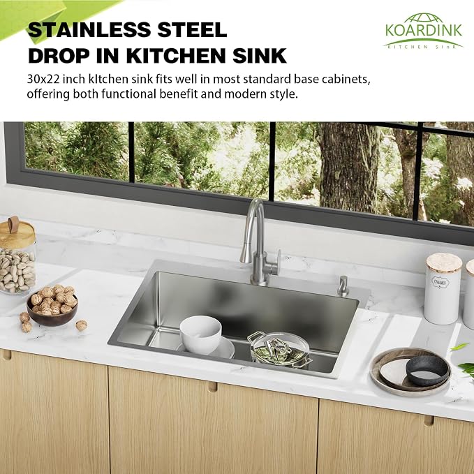 30x22 Inch Stainless Steel Kitchen Sink - Drop In Modern Single Bowl Topmount Kitchen Sink With Silicon Mat,Drain Strainer Set Offering Large Basin And Compatibility With Various Kitchen&Bar Style
