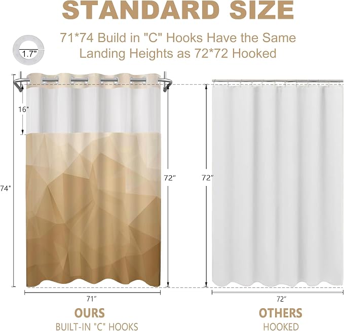 No Hook Shower Curtain with Snap in Liner Set, Beige, 71x74 | Waterproof Fabric for Bathroom, Modern Hotel Style Ombre Design, Mesh Top Window, Machine Washable, Quick Install