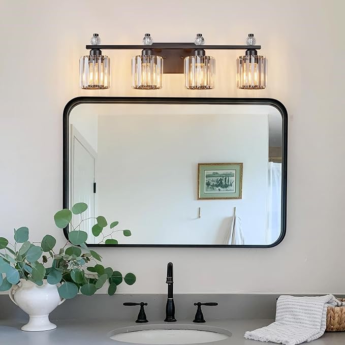 Bathroom Vanity Lights 4-Light Sand Black Modern Crystal Vanity Light Fixtures Over Mirror Crystal Bathroom Vanity Lighting Fixtures
